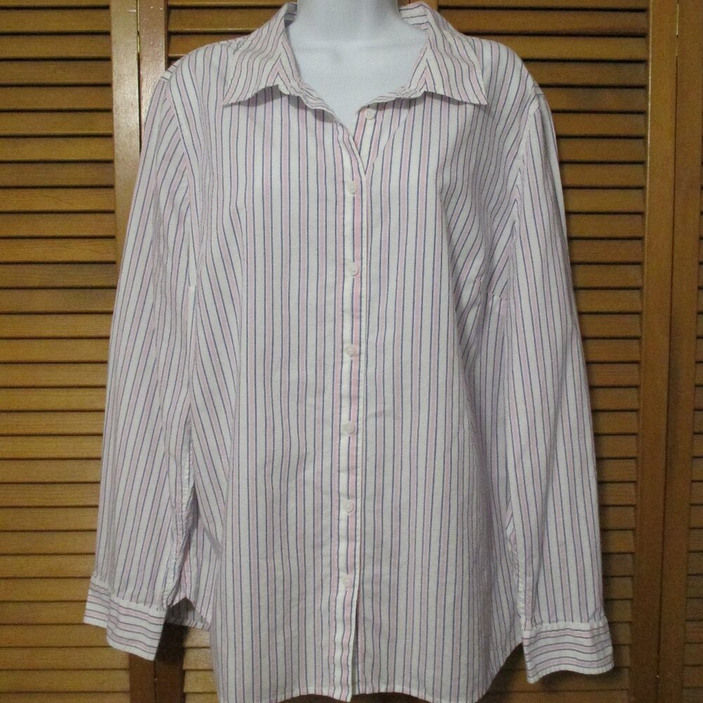 Talbots top 100% cotton white w/pink & blue stripes button down blouse size L